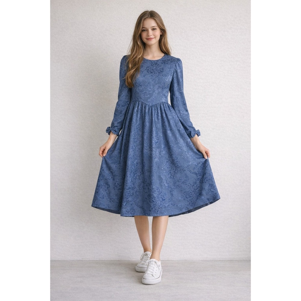 Vintage 80s Petite Lanz Floral Jacquard Midi Dress 10P Blue Cottagecore